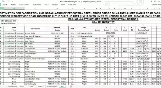 Bridge Cost Estimate Worksheet Download