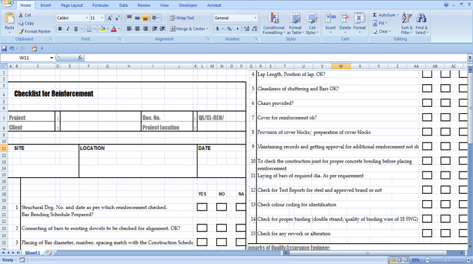 Download Checklist for Reinforcement Sheet