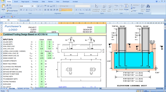 Combined Footing Design Excel Spreadsheet