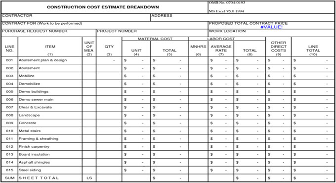 Download Construction Cost Estimating Breakdown Sheet