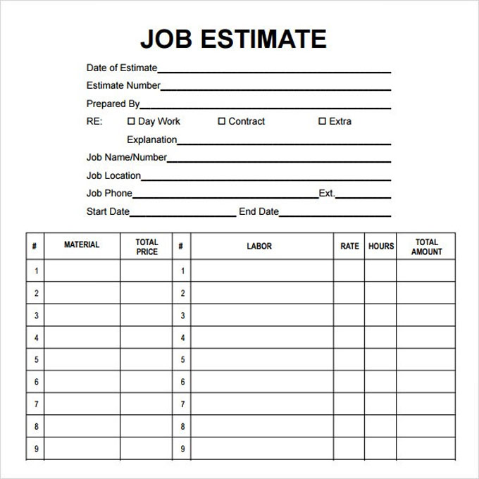 Job Estimate Sheet Download Classic Job Estimate Sheet Cost