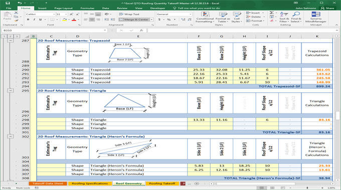 Excel QTO Roofing Quantity Takeoff & Pricing Database Estimation Software