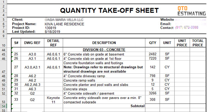 Download Material Takeoff Sheets
