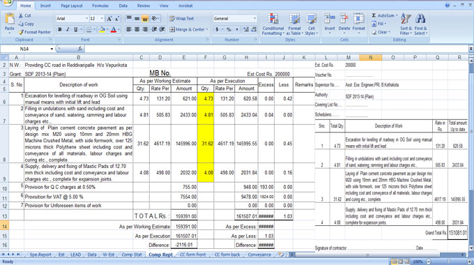 Road construction estimation sheet