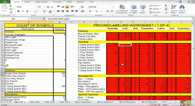 Electrical Material Estimate Takeoff Sheets